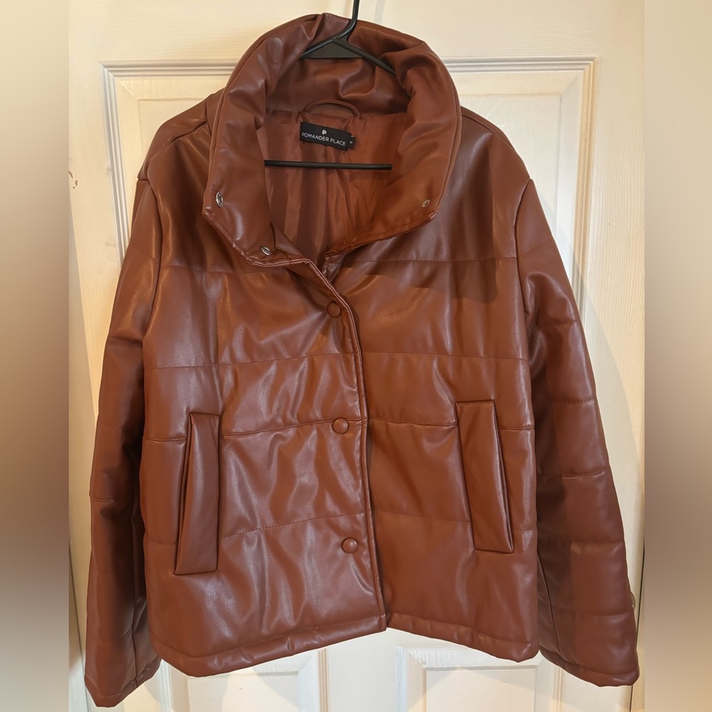 Women’s Pomander Place Brown Faux Leather Puffer Jacket Size Medium